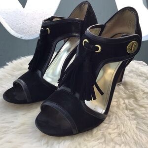 Coach Tristen Black Suede, Brass Turn Lock and Tassled Heels Sandals 3.5” Heels